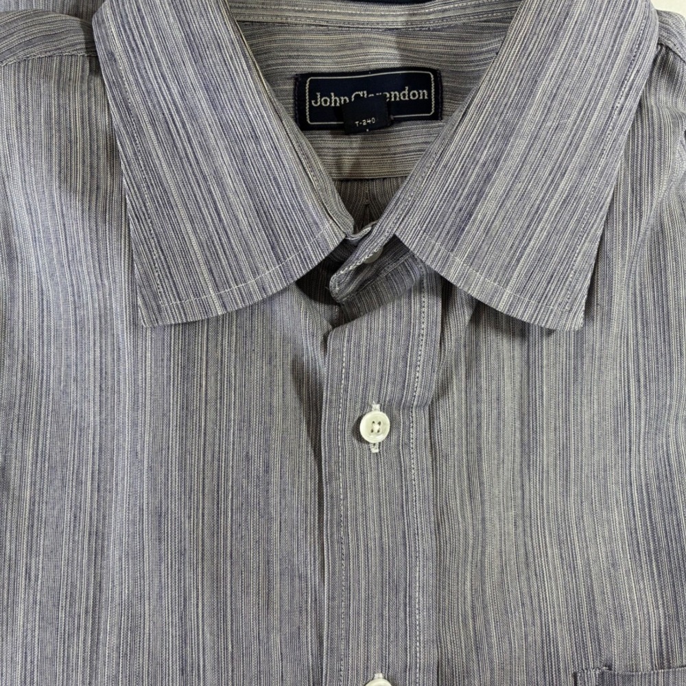 John Clarendon Mens Blue-Grey Micro Stripe 80s Two Ply‎ Cotton Dress Shirt 17.5"